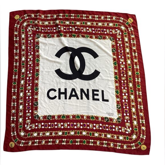 Vintage Chanel Red Gold Chain Silk Hand Rolled Large Square Scarf - Picture 1 of 6